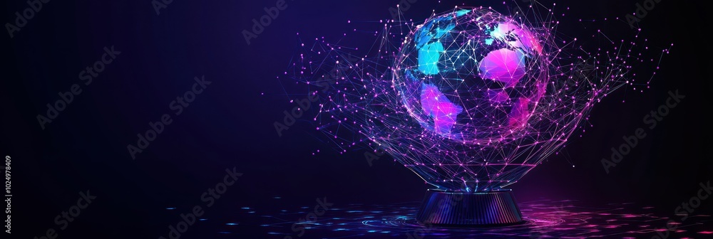 Poster a vibrant digital globe surrounded by dynamic particles, symbolizing connectivity and technology.