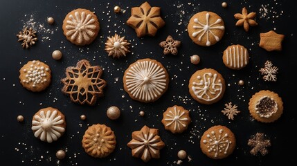Christmas and New Year cookies on black background. AI generated illustration.