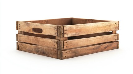 A simple wooden crate with a natural finish, isolated against a white backdrop, ideal for product displays or rustic presentations