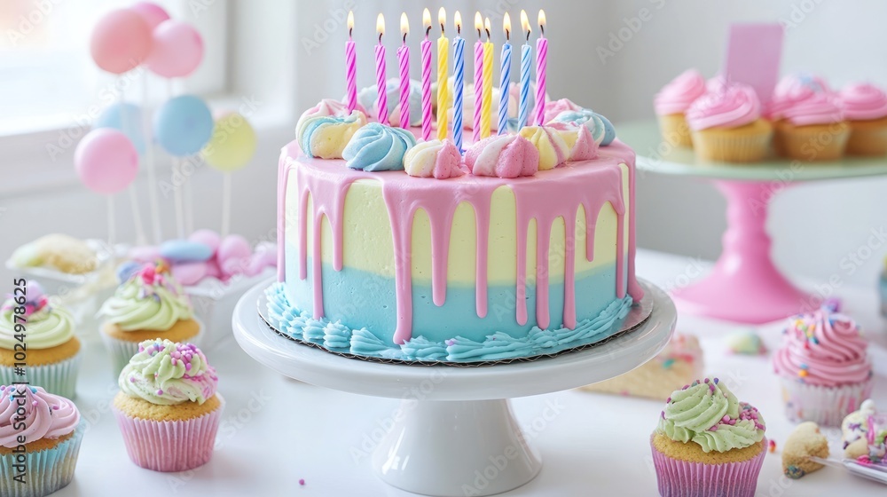 Poster A colorful birthday cake with candles, surrounded by cupcakes and party decorations.