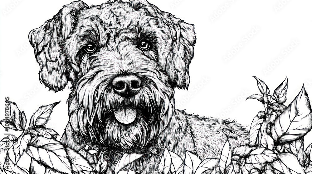 Canvas Prints A detailed line drawing of a dog surrounded by leaves, showcasing artistic style.