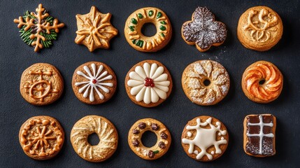 Fototapeta premium Christmas and New Year cookies on black background. AI generated illustration.
