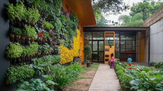 Innovative School Playground with Vertical Garden for Sustainable Gardening Education, vibrant green space promoting environmental awareness and learning