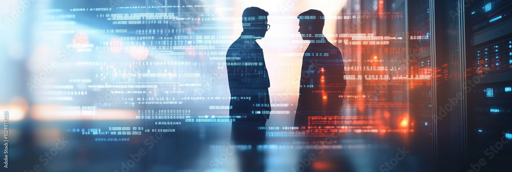 Aufkleber two silhouettes in a data center with digital elements representing technology and communication.