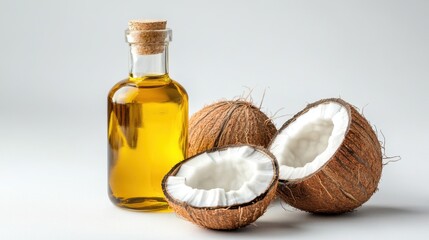 A sleek bottle of MCT oil placed next to cracked-open coconuts, isolated on a clean white background, promoting healthy cooking and lifestyle