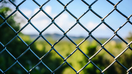 Fototapeta premium A close view of a chain-link fence with a blurred green landscape in the background on a sunny day