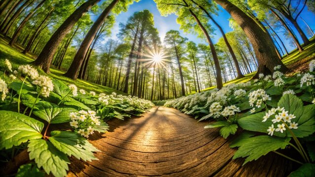 Botanical composition of boldo leafs and flowers with a captivating fisheye effect on a rustic wood background