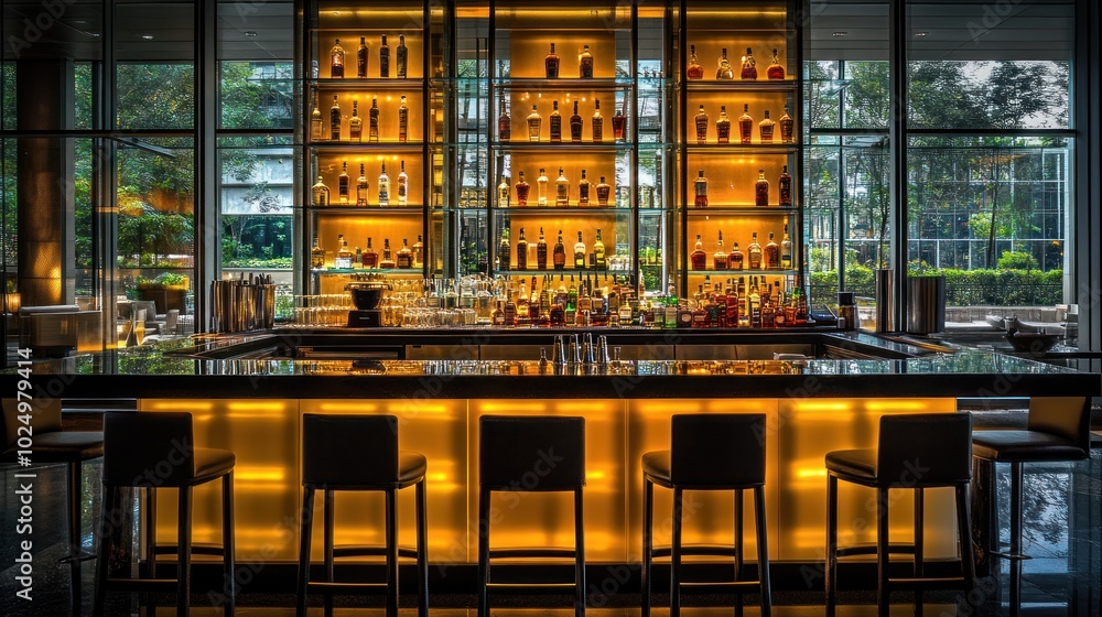 Poster a stylish bar with illuminated shelves displaying various liquors and seating for guests.