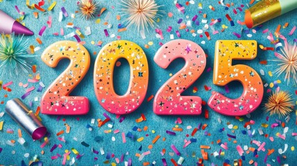 Colorful New Year 2025 Celebration with Fireworks and Party Decorations