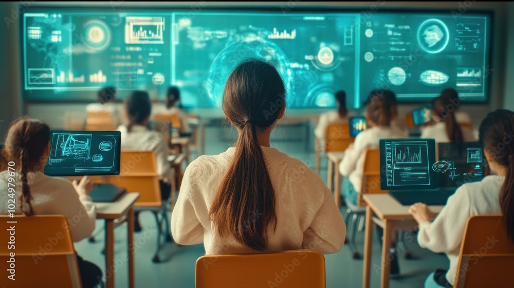 Poster a classroom setting with students engaged in technology and data analysis.
