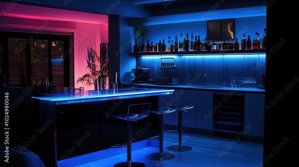 Poster A modern bar area with vibrant blue and pink lighting, showcasing a sleek design and beverages.