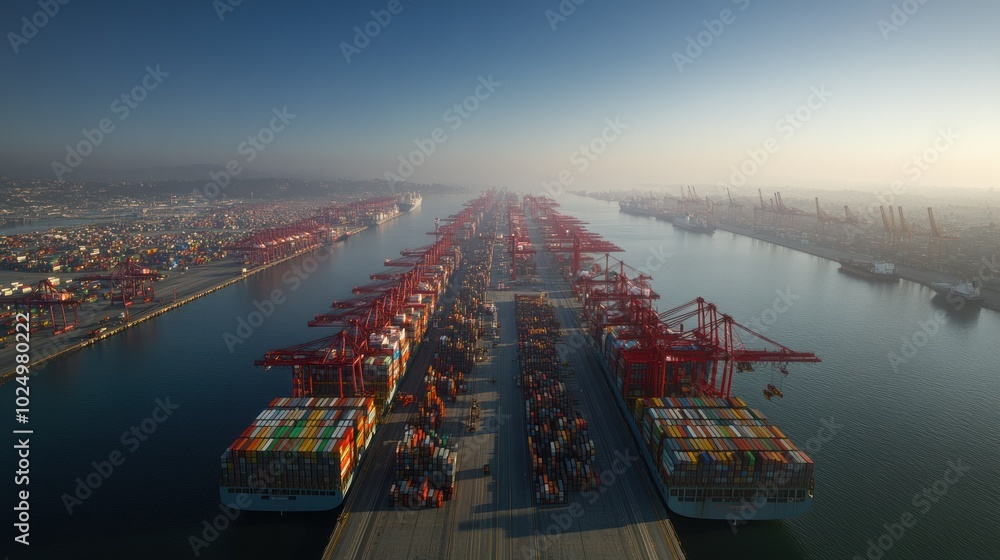 Poster aerial view of a busy shipping port with container ships and cranes.