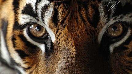   A detailed photo of a tiger's face, featuring striking brown and black stripes around its eyes