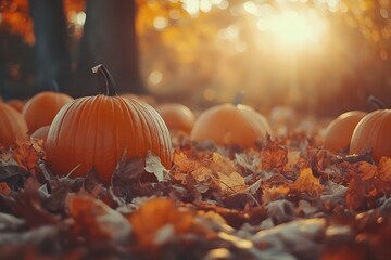 Pumpkin harvest in a field in autumn A charming field where orange pumpkins ripen, giving the atmosphere of the harvest season.
