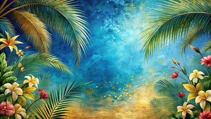 Tilted angle painting of palm trees and tropical flowers in blue and gold landscape background