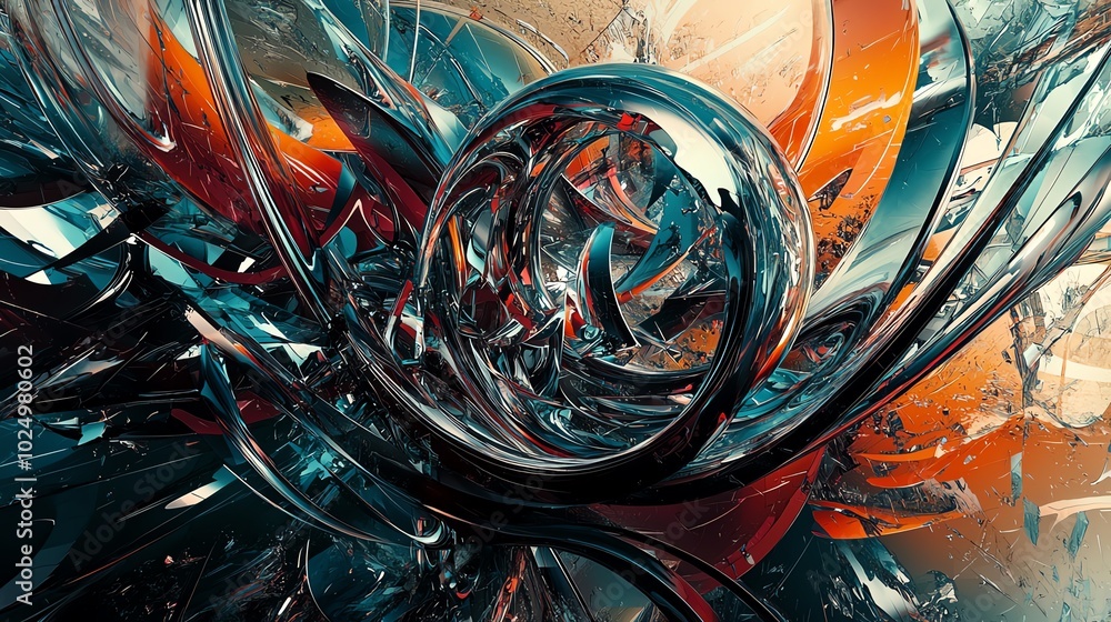Poster Abstract dynamic composition with colorful swirling shapes.