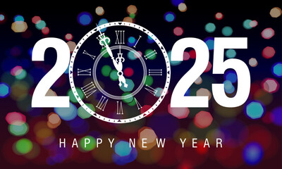Fototapeta premium 2025 New Year Celebration Banner with Antique Clock. Countdown Themes. New Year Greeting Card Design Isolate Visually Light Bokeh Background 02