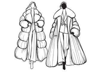 Stylish fashion models. girls Sketch in coat, winter outfit