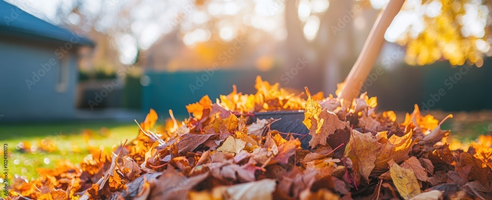 Sticker A close-up of a rake gathering colorful autumn leaves in a sunlit yard.