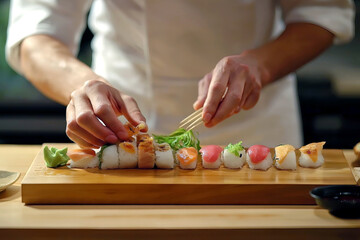 Obraz premium Chef arranging an elegant sushi platter on a wooden board, detailed shot of the process with fresh ingredients and precise cuts, Japanese cuisine.