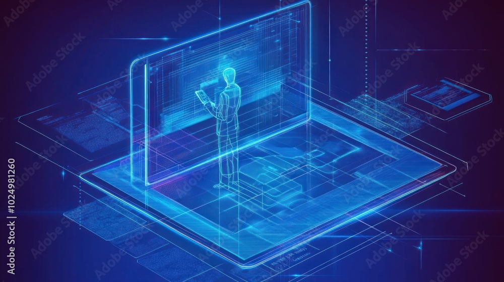 Poster a futuristic holographic interface with a figure interacting with digital elements.
