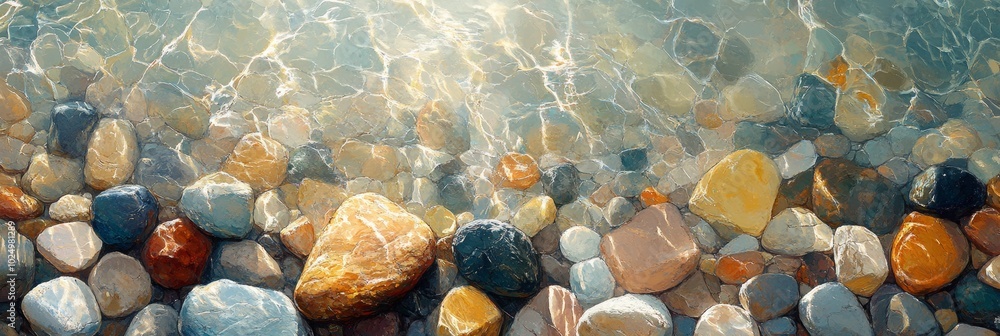 Poster colorful pebble mosaic, a vibrant array of smooth stones reflecting sunlight, creating a captivating