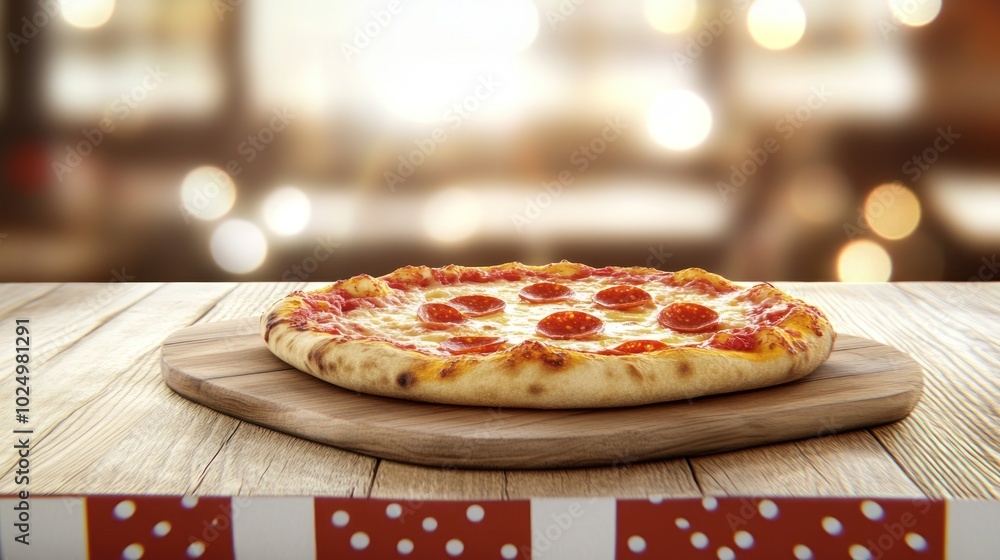 Wall mural A delicious pepperoni pizza displayed on a wooden board with a blurred background.