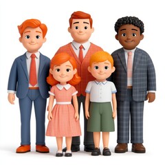 A stylized family illustration featuring five characters in casual attire.