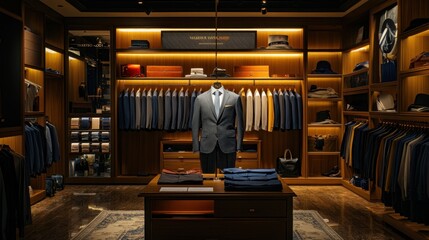 A visually appealing display of men suits on hangers in a boutique, showcasing tailored craftsmanship and fashion variety