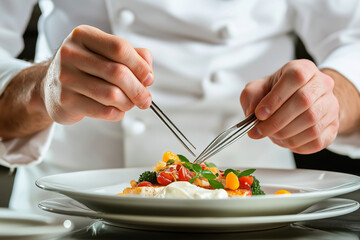 Chef working in a Michelin-starred restaurant, carefully plating a molecular gastronomy dish with tweezers, high-end cuisine and elegant presentation.