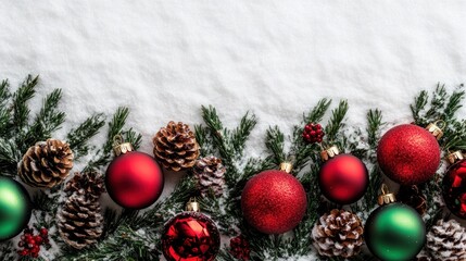 A festive arrangement of ornaments, pinecones, and greenery on a snowy background.