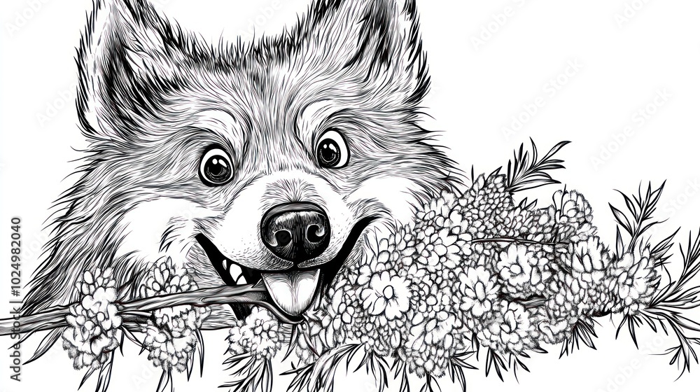 Canvas Prints A playful illustration of a dog holding a flower branch in its mouth, showcasing joy and nature.