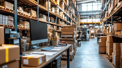A busy warehouse interior with shelves of products and a workstation.