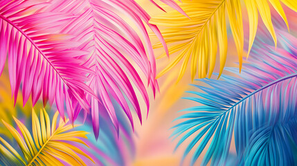 Vibrant tropical palm leaves in bright neon colors of pink, yellow and blue. Abstract floral background