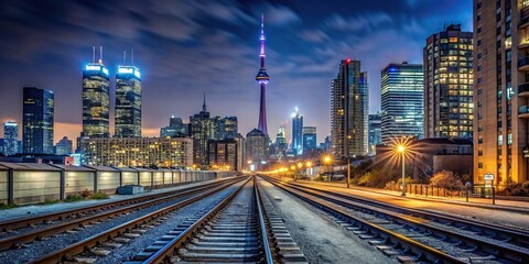 Fototapeta premium Train tracks leading to Toronto downtown at night