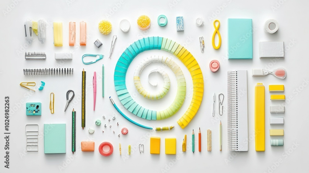 Poster a colorful arrangement of stationery items in various shapes and sizes.