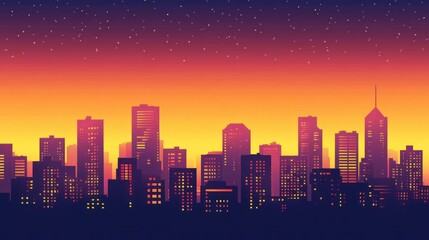 Fototapeta premium A vibrant city skyline at sunset with glowing windows and a starry sky.