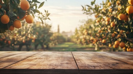 An empty wood table in the foreground, with a picturesque view of orange trees in the background, perfect for showcasing fresh produce or outdoor dining
