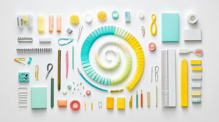 A colorful arrangement of stationery items in various shapes and sizes.