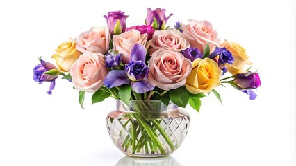 Obraz premium Bouquet of roses and irises in crystal vase on white background