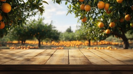 An empty wood table in the foreground, with a picturesque view of orange trees in the background, perfect for showcasing fresh produce or outdoor dining
