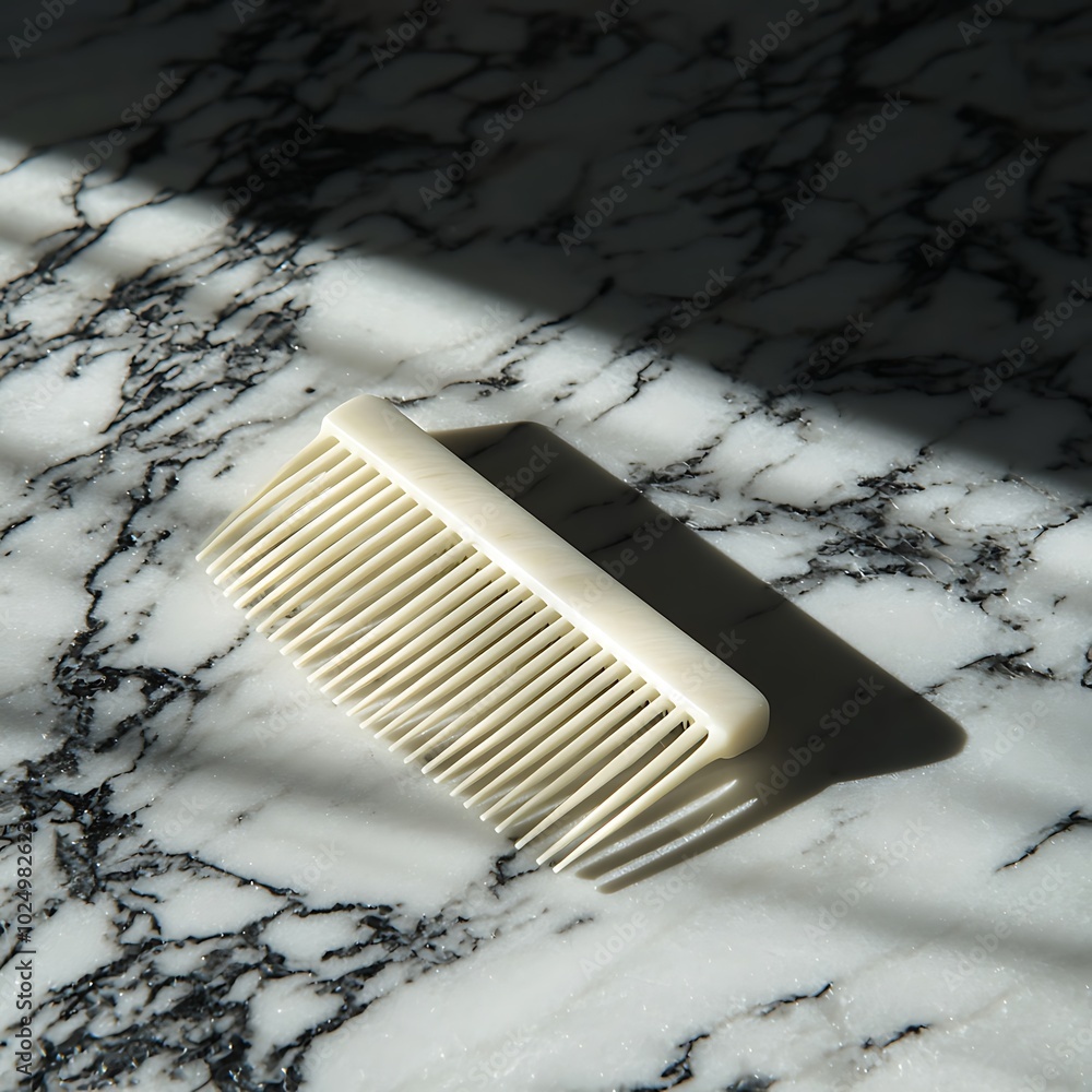 Poster a simple comb rests on a marble surface, illuminated by gentle light, casting soft shadows.