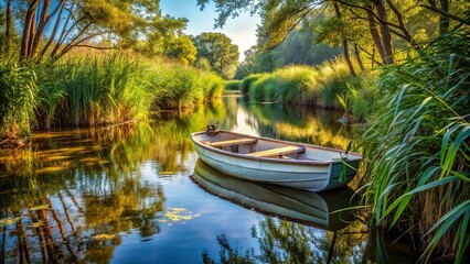 Bowed fibreglass boat in reeds on overgrown river in late summer shade