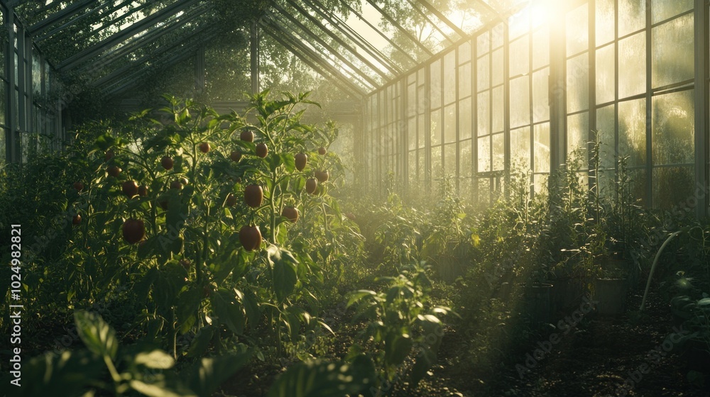 Wall mural A sunlit greenhouse filled with lush plants and ripe peppers, showcasing nature's bounty.