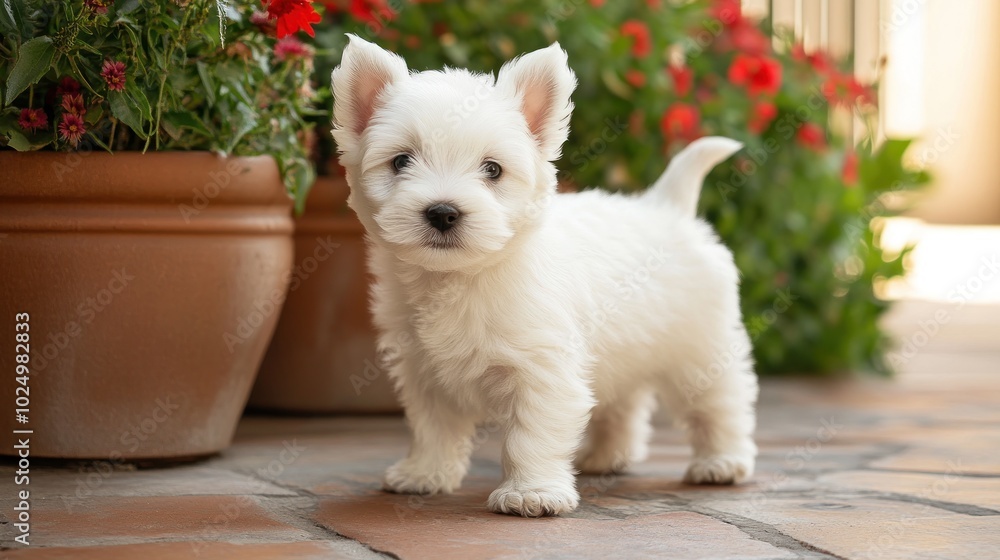 Canvas Prints A cute, fluffy white puppy stands beside vibrant flowers in a sunny garden setting.