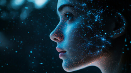 A profile view of a woman with glowing cosmic patterns at night in a serene outdoor setting