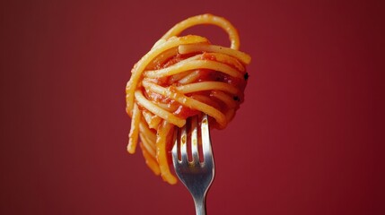 Appetizing spaghetti twirled around a fork, covered in traditional Italian sauce, framed against a clean background