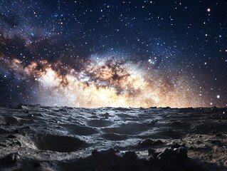Cosmic landscape with stars and galaxies on a rocky surface
