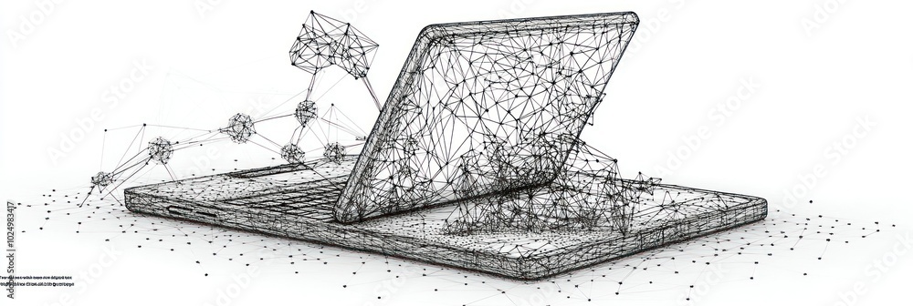 Poster a wireframe laptop surrounded by abstract network connections and nodes.