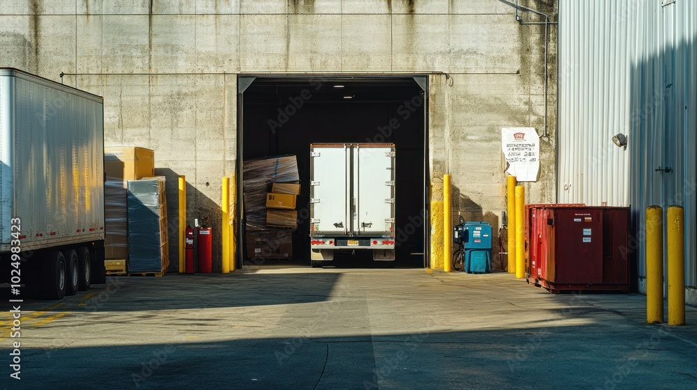 Poster a loading dock with a truck backed in, surrounded by storage containers and equipment.
